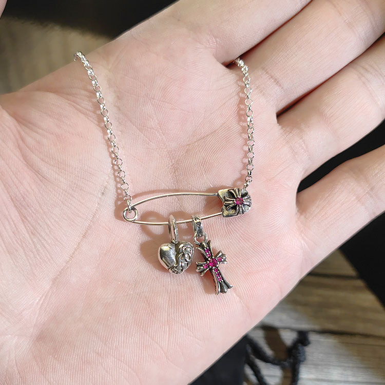 Chrome Hearts 925 silver brooch red diamond heart cross necklace