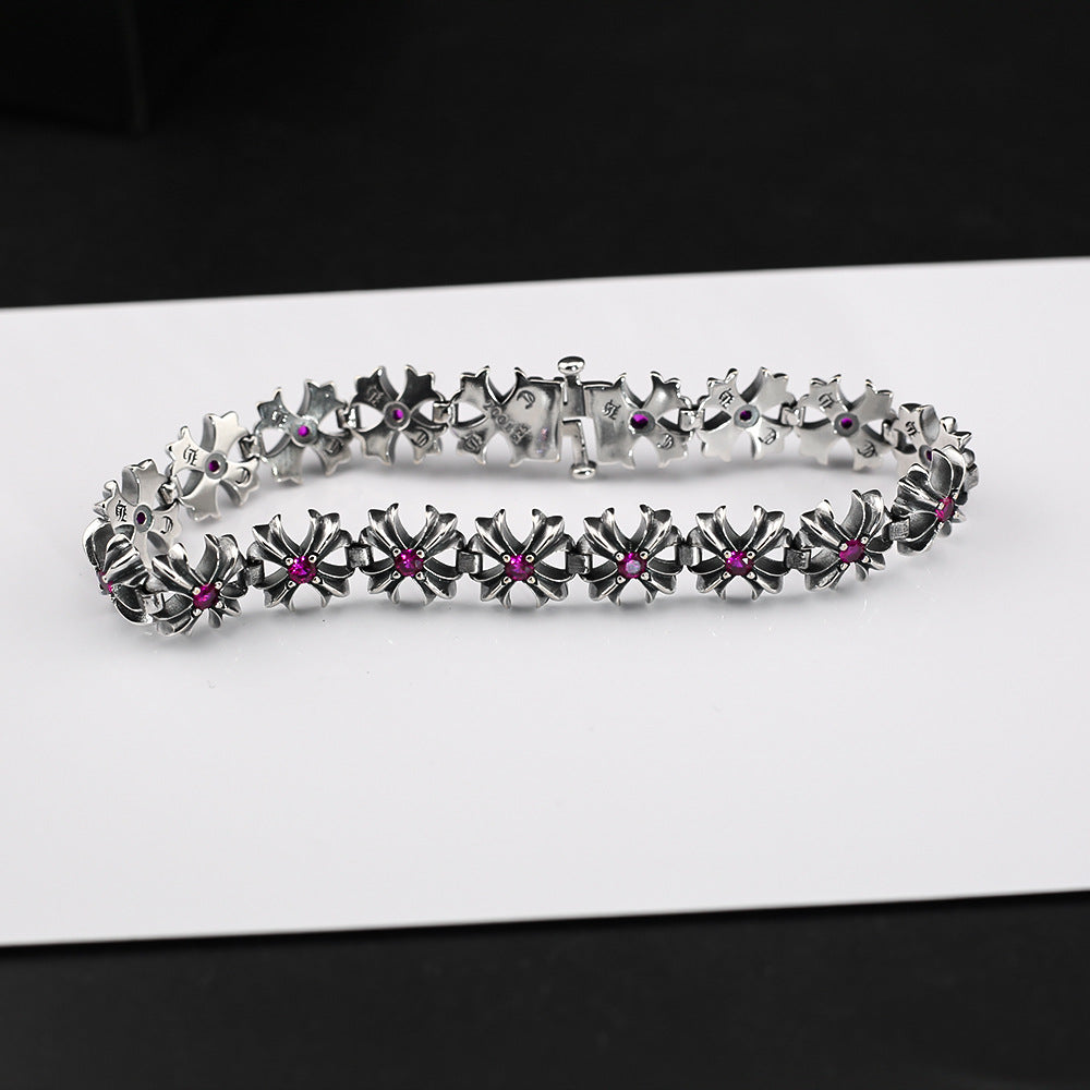 Chrome Hearts Red Diamond Cross Flower Pink Sapphire Plus Bracelet