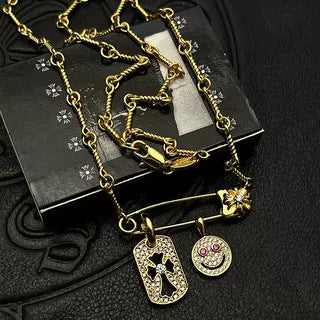 Chrome Hearts Gold Tag Full Diamond Smiley Face Diamond-Inlaid Pin Necklace